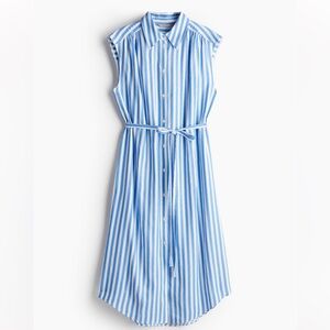 H&M Linen Blend White and Blue Striped Shirt Dress